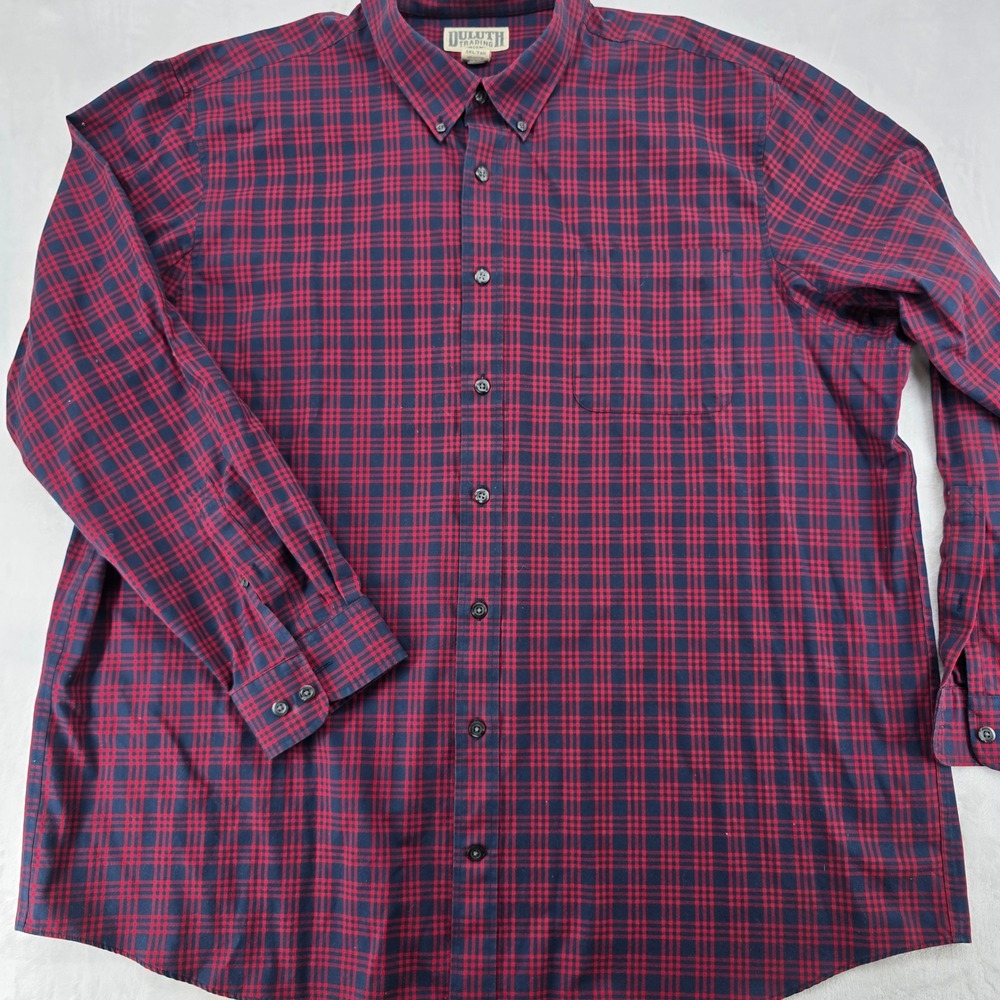 Duluth Trading Co Button Down Mens 3XL Tall Shirt Red Plaid Cotton Long Sleeve